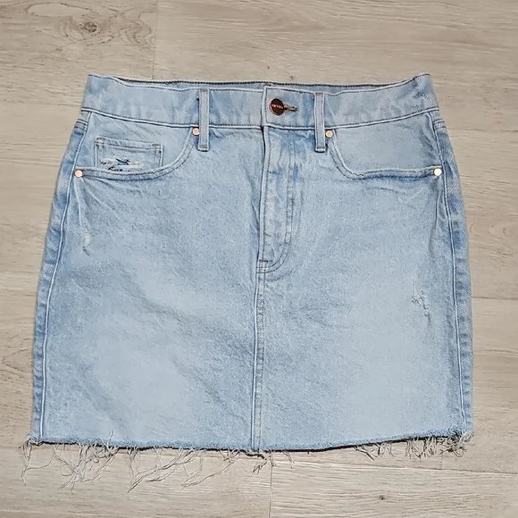 Express High Waisted Raw Hem Mini Denim Skirt - Picture 5 of 9